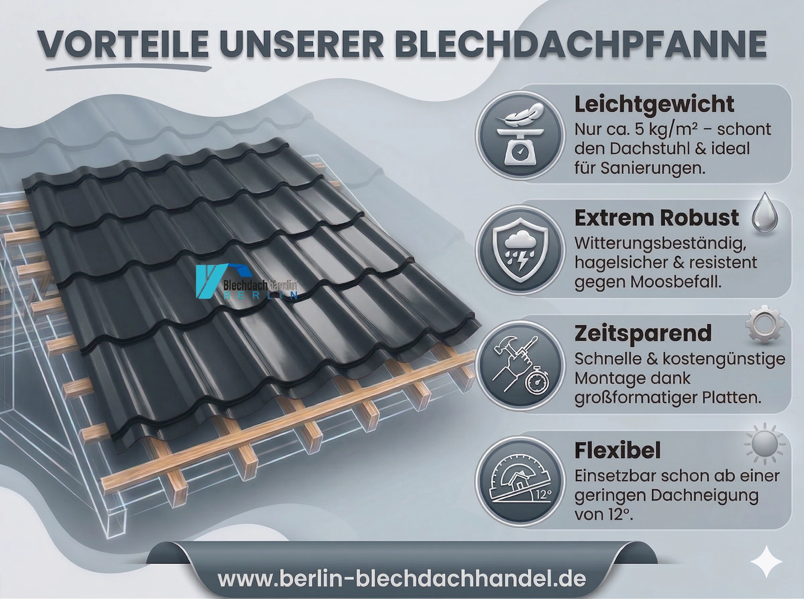 BDP Blechdachpfanne RAL 7016 - anthrazit – 0,5mm glänzend 25 µm Polyester mit Vlies — Ansicht 5