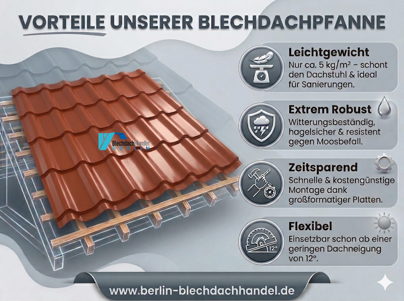 BDP Blechdachpfanne RAL 8004 Ziegelrot – 0,5mm glänzend 25 µm Polyester ohne Vlies — Ansicht 4