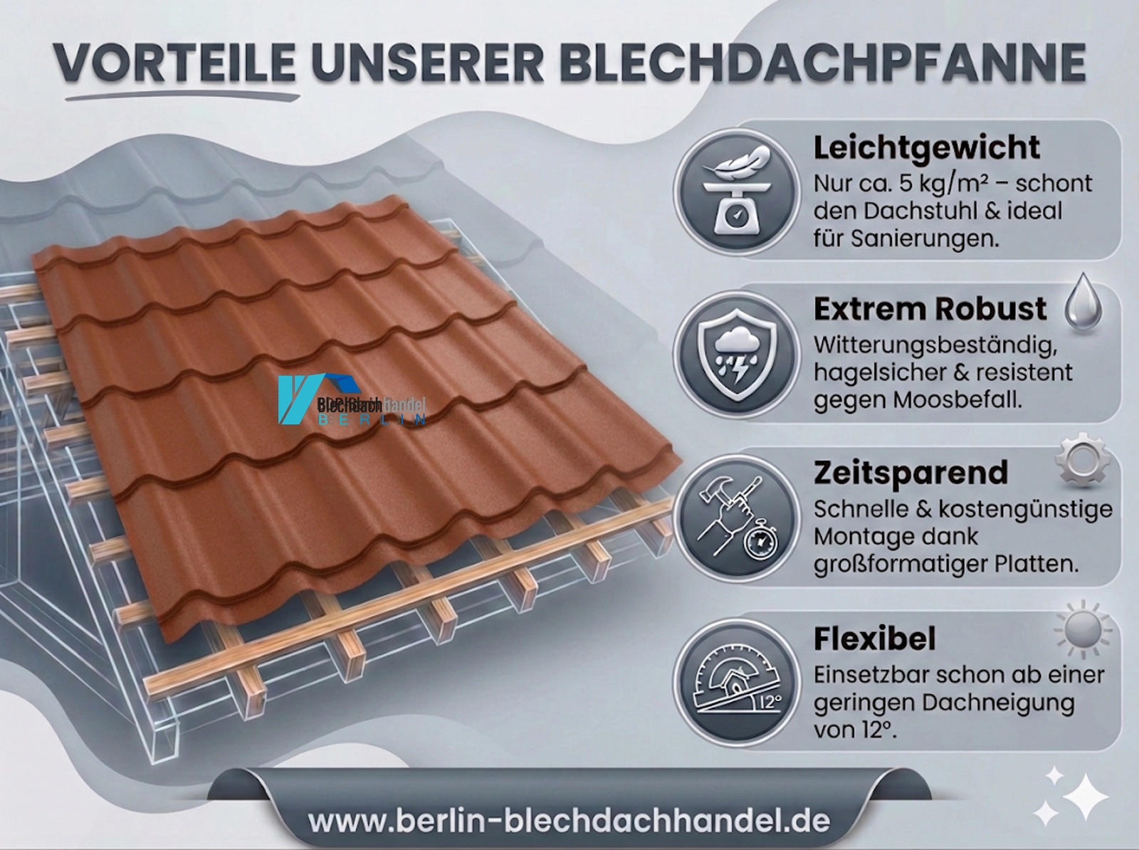 BDP Blechdachpfanne RAL 8004 Ziegelrot – 0,5mm matt 35µm Polyester ohne Vlies — Ansicht 5