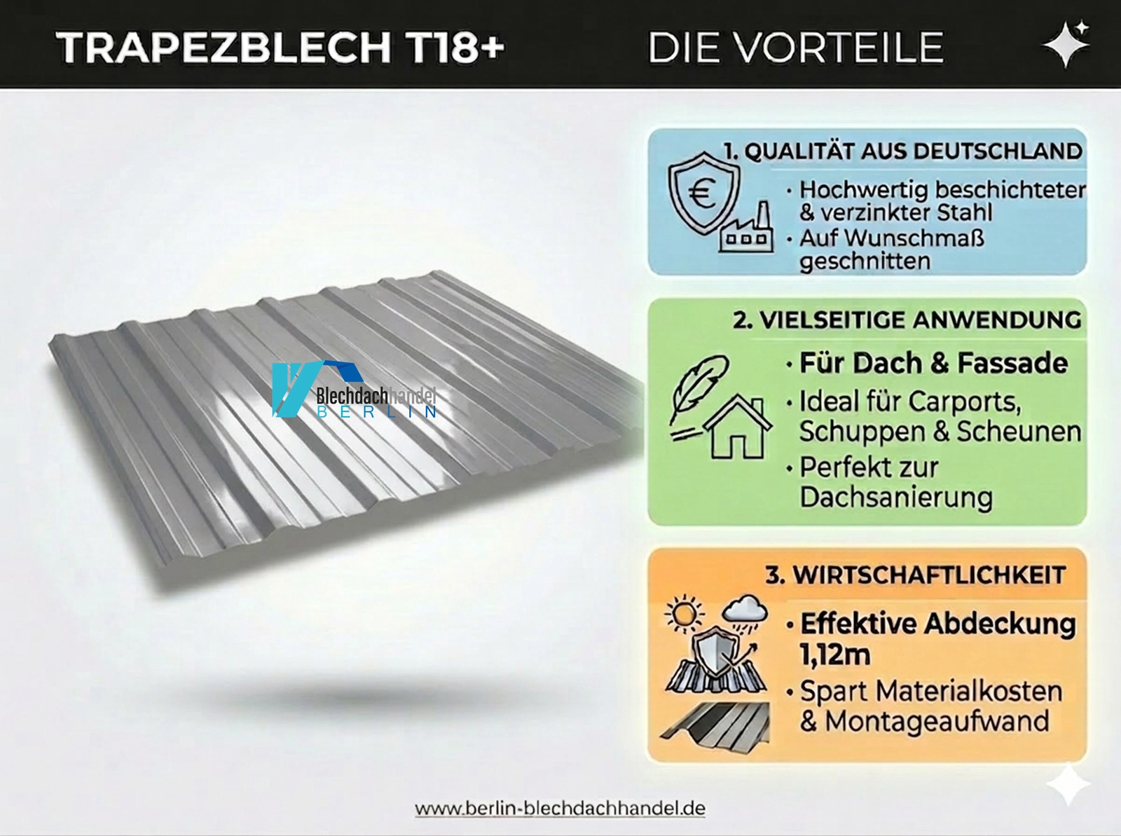 T18+ Dachblech RAL 9006 - Weißaluminium – 0,65mm glänzend 25 µm Polyester mit Vlies 2. Wahl AKTION — Ansicht 5