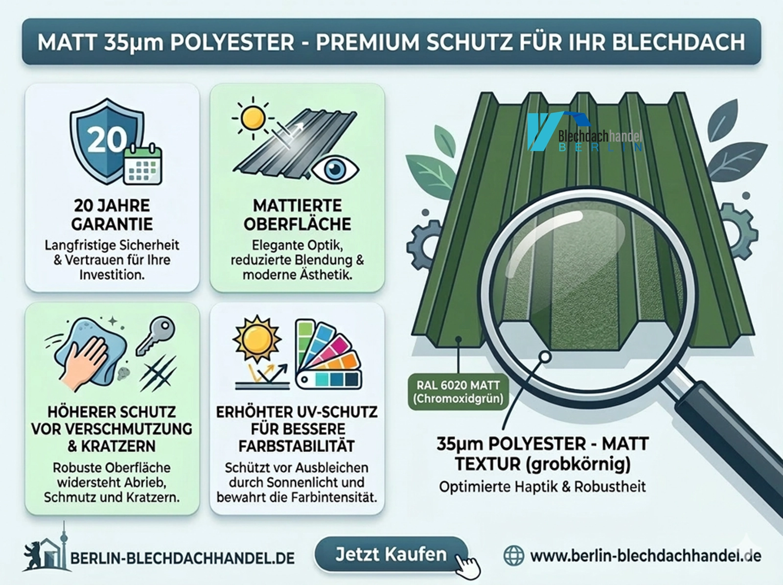 T35+ Dachblech RAL 6020 Chromoxidgrün – 0,5mm matt 35µm Polyester mit Vlies — Ansicht 5