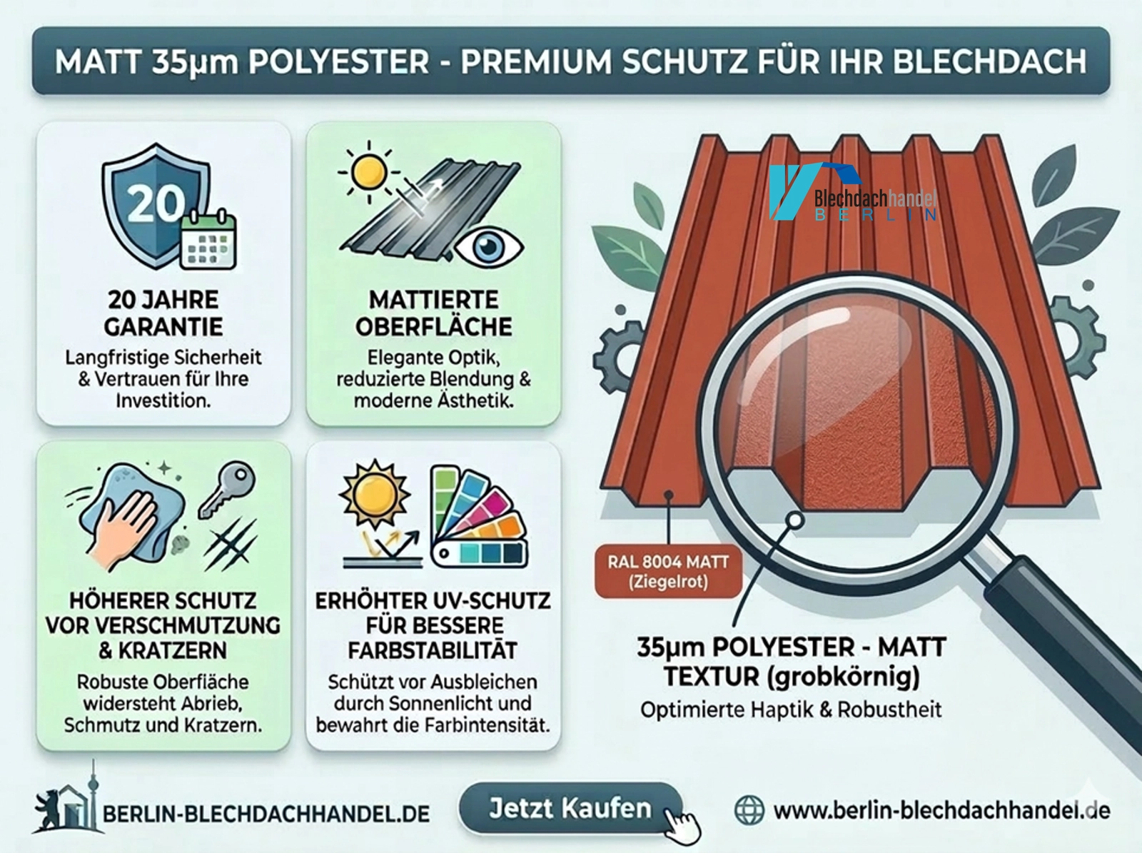 T35+ Dachblech RAL 8004 Ziegelrot – 0,5mm matt 35µm Polyester ohne Vlies — Ansicht 4