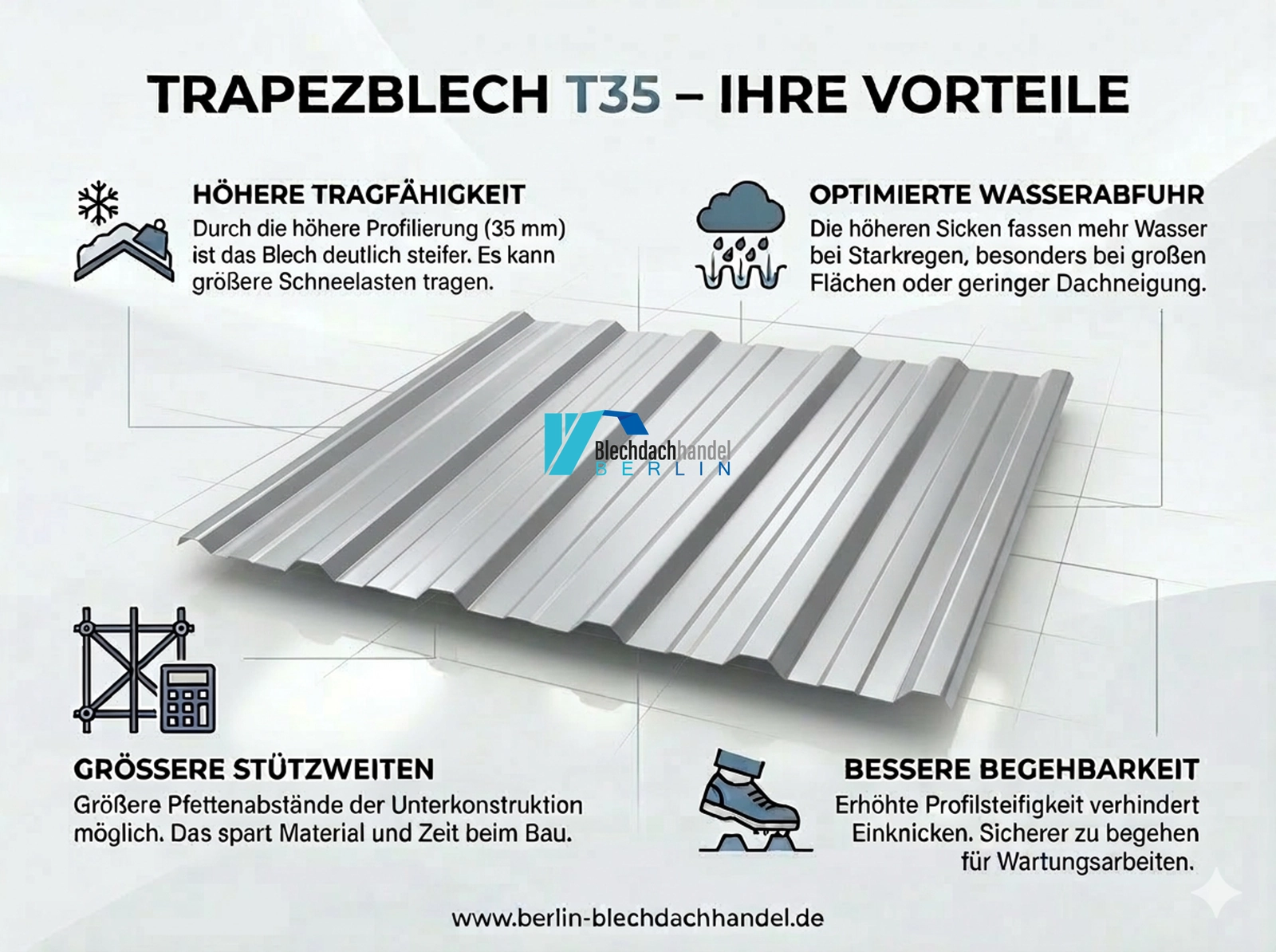 T35+ Dachblech RAL 9006 - Weißaluminium – 0,65mm glänzend 25 µm Polyester mit Vlies 2. Wahl AKTION — Ansicht 6